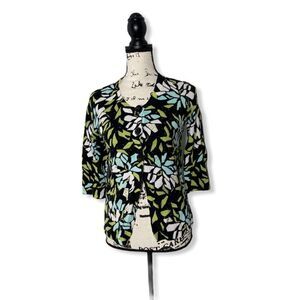 Designers Originals Leaf Print Beaded Cardigan Women’s Petite Medium Button Fron